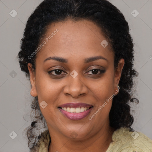 Joyful black young-adult female with medium  brown hair and brown eyes