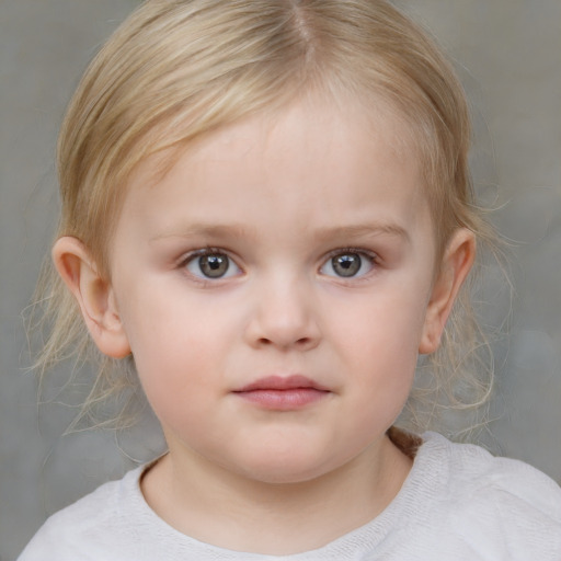 Neutral white child female with medium  brown hair and grey eyes