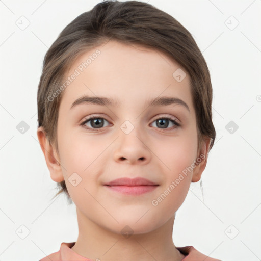 Joyful white child female with short  brown hair and brown eyes