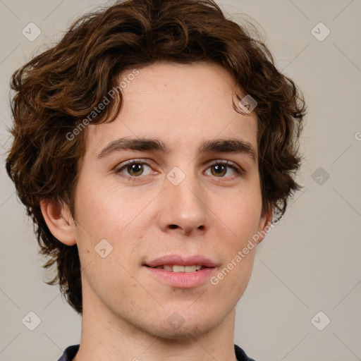 Joyful white young-adult male with medium  brown hair and brown eyes