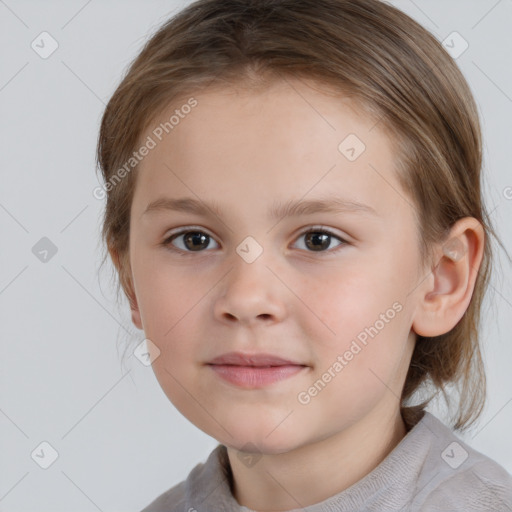 Joyful white child female with medium  brown hair and brown eyes