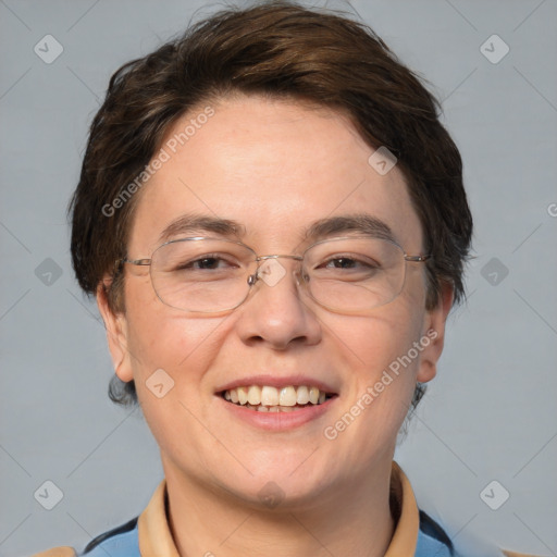 Joyful white adult female with short  brown hair and brown eyes