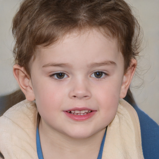 Joyful white child female with medium  brown hair and blue eyes