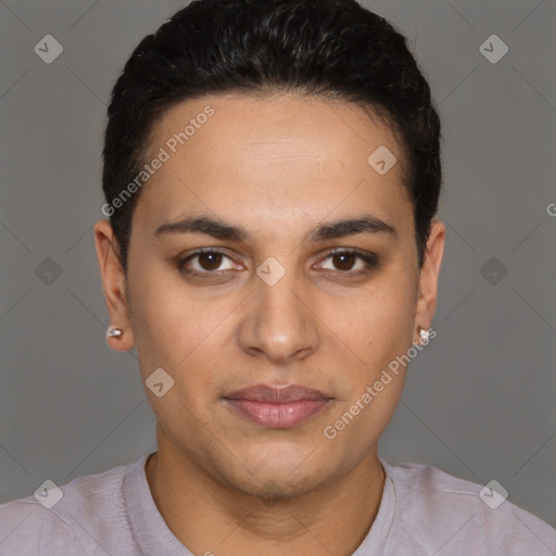 Joyful latino young-adult female with short  brown hair and brown eyes