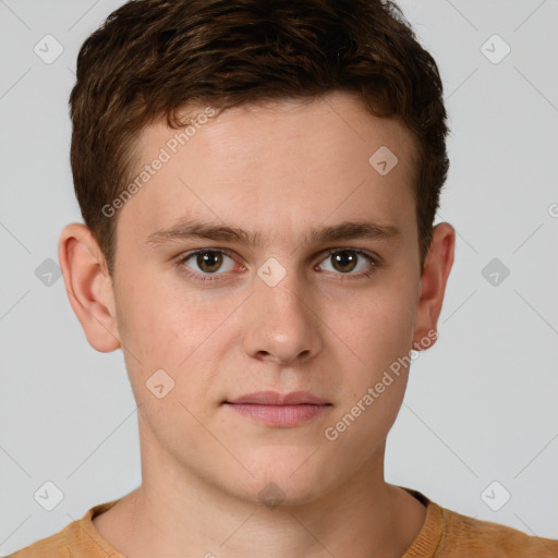 Neutral white young-adult male with short  brown hair and brown eyes