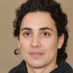 Joyful white young-adult male with medium  brown hair and brown eyes