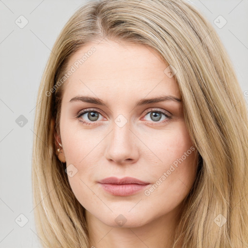 Neutral white young-adult female with long  brown hair and blue eyes