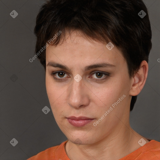 Neutral white young-adult female with short  brown hair and brown eyes