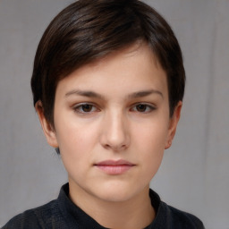 Neutral white young-adult female with short  brown hair and brown eyes