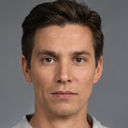 Neutral white adult male with short  brown hair and brown eyes