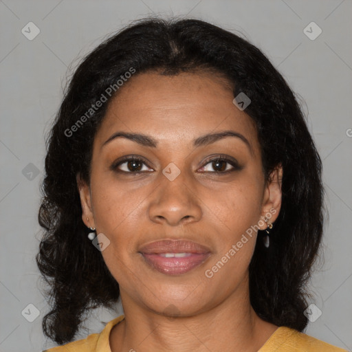Joyful black young-adult female with medium  brown hair and brown eyes