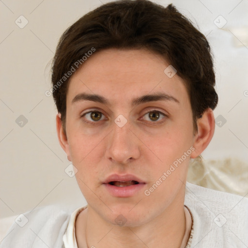 Neutral white young-adult male with short  brown hair and brown eyes