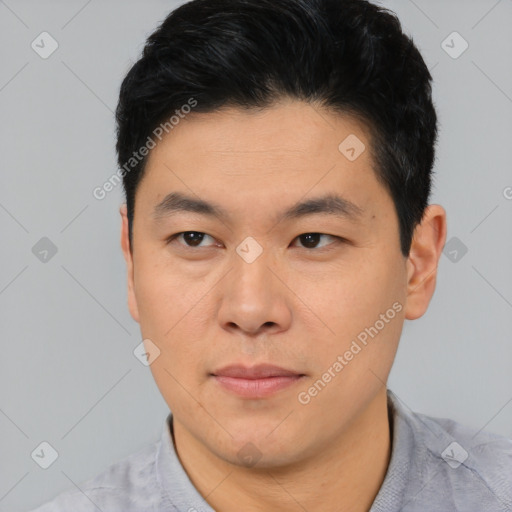 Neutral asian young-adult male with short  black hair and brown eyes