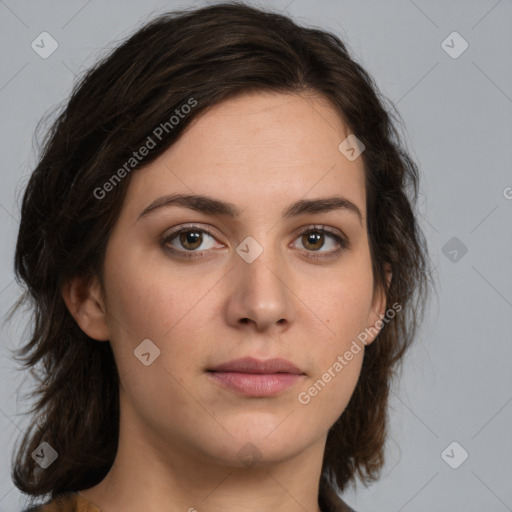 Neutral white young-adult female with medium  brown hair and brown eyes