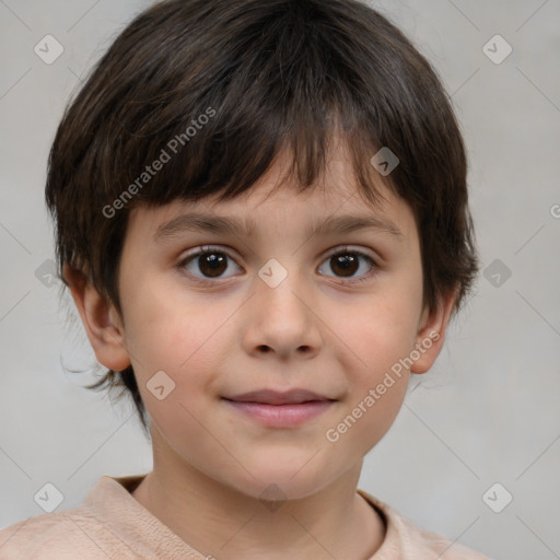 Joyful white child female with medium  brown hair and brown eyes