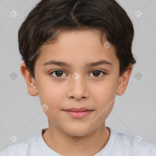 Joyful white child male with short  brown hair and brown eyes