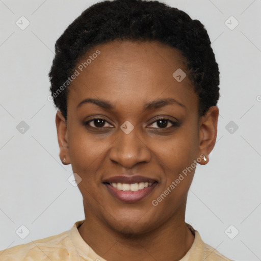 Joyful latino young-adult female with short  black hair and brown eyes