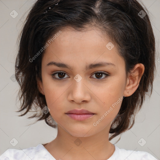 Joyful white child female with medium  brown hair and brown eyes