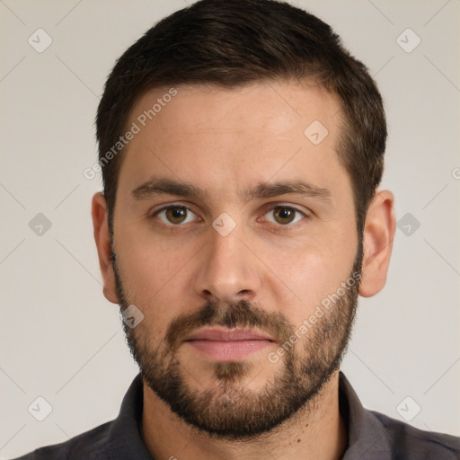 Neutral white young-adult male with short  brown hair and brown eyes