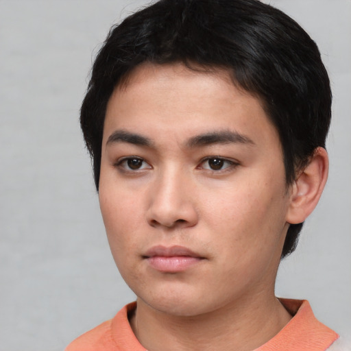 Neutral asian young-adult male with short  black hair and brown eyes