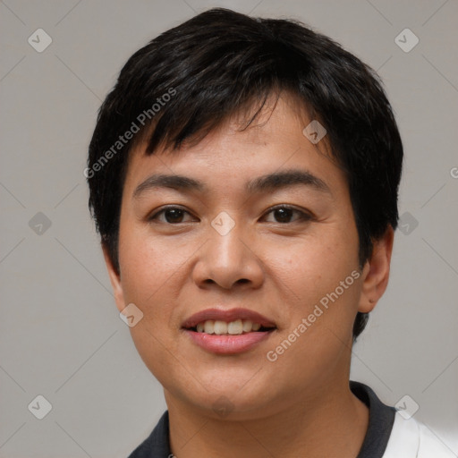 Joyful asian young-adult male with short  black hair and brown eyes