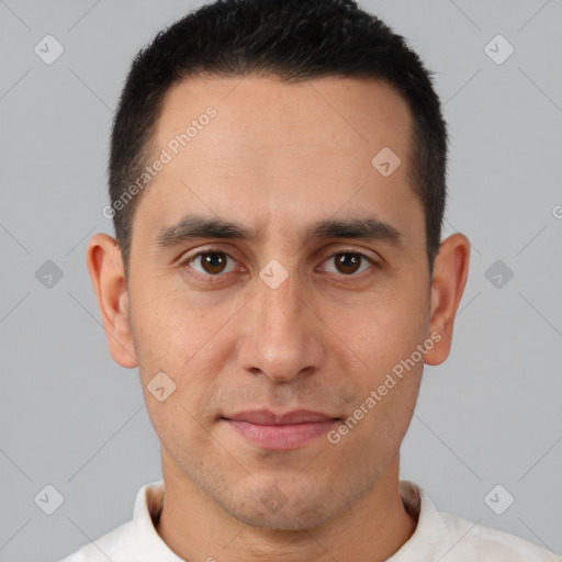 Joyful white young-adult male with short  brown hair and brown eyes