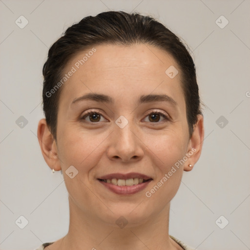 Joyful white young-adult female with short  brown hair and brown eyes