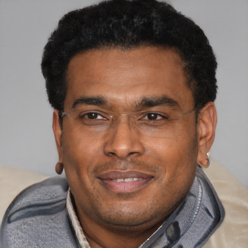 Joyful black adult male with short  brown hair and brown eyes