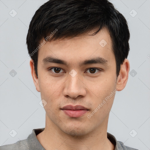 Neutral white young-adult male with short  black hair and brown eyes