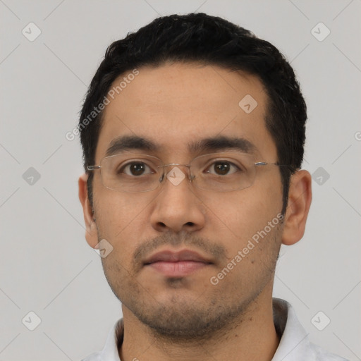 Neutral asian young-adult male with short  black hair and brown eyes