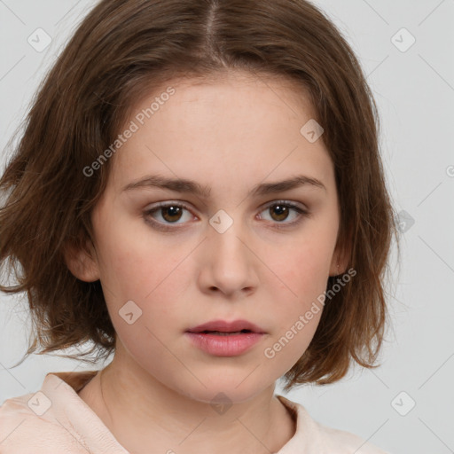 Neutral white young-adult female with medium  brown hair and brown eyes