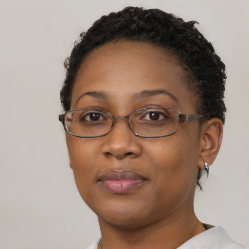 Neutral black young-adult female with short  brown hair and brown eyes