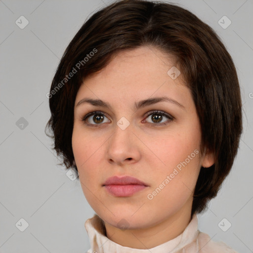 Neutral white young-adult female with medium  brown hair and brown eyes