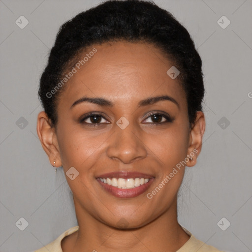 Joyful latino young-adult female with short  brown hair and brown eyes