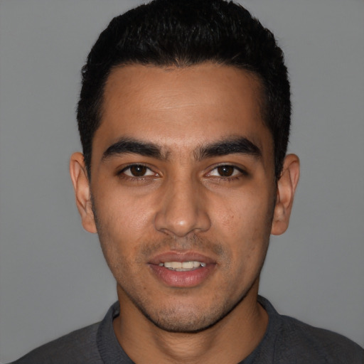 Neutral latino young-adult male with short  black hair and brown eyes
