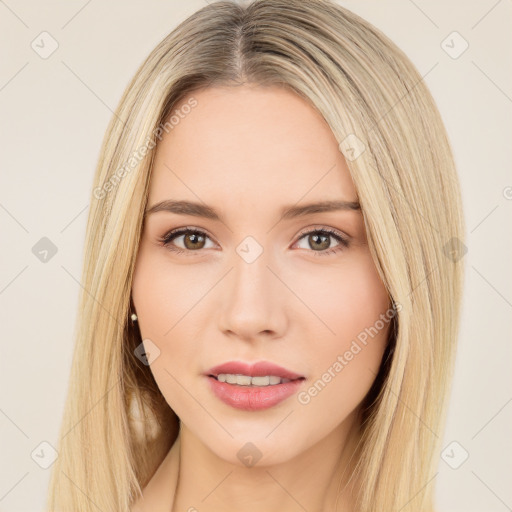 Neutral white young-adult female with long  brown hair and brown eyes