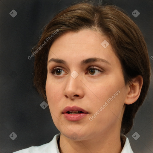 Neutral white young-adult female with medium  brown hair and brown eyes