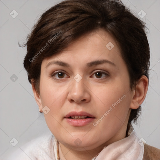 Joyful white young-adult female with medium  brown hair and brown eyes