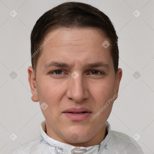 Joyful white adult male with short  brown hair and grey eyes