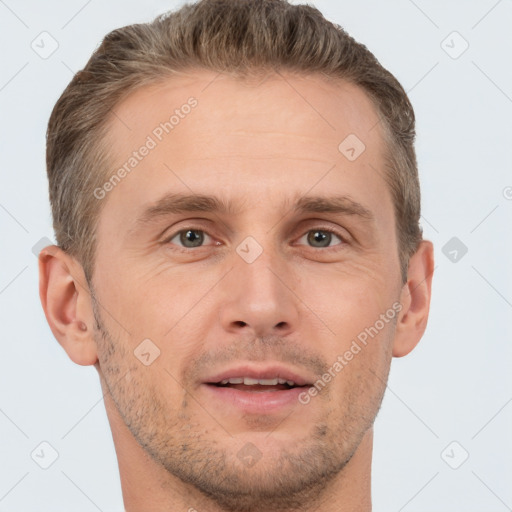 Joyful white adult male with short  brown hair and brown eyes