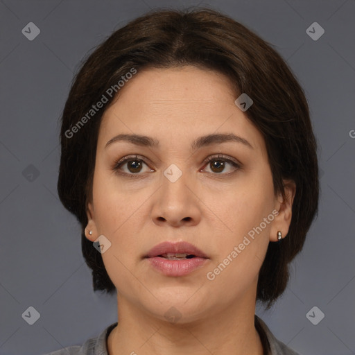 Neutral white young-adult female with medium  brown hair and brown eyes