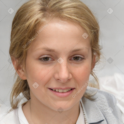 Joyful white young-adult female with medium  brown hair and blue eyes