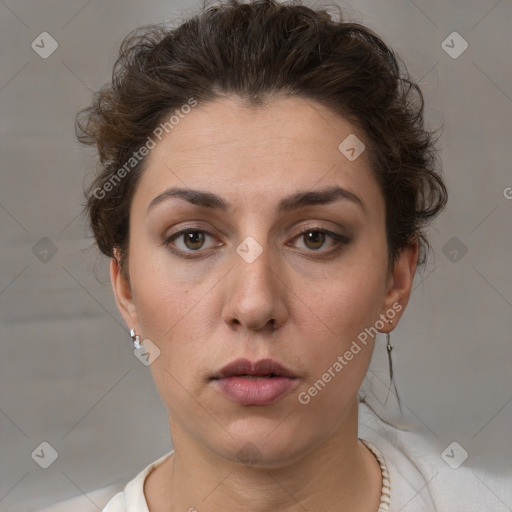 Neutral white young-adult female with short  brown hair and brown eyes