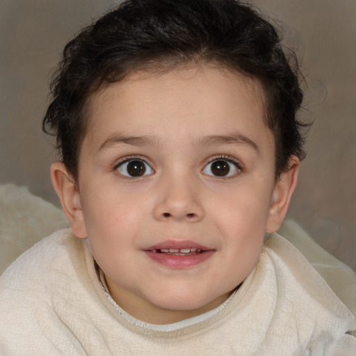 Joyful white child female with short  brown hair and brown eyes