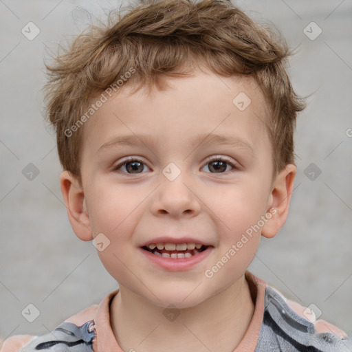 Joyful white child male with short  brown hair and brown eyes