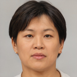 Neutral asian adult female with short  brown hair and brown eyes