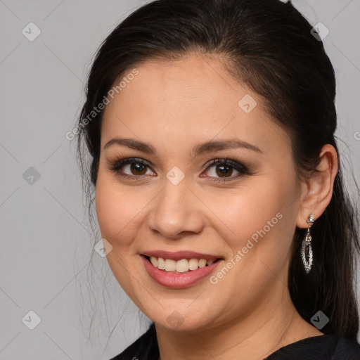 Joyful white young-adult female with long  brown hair and brown eyes