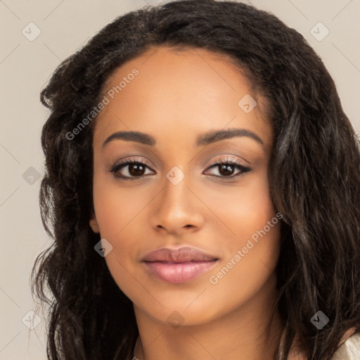 Joyful latino young-adult female with long  black hair and brown eyes