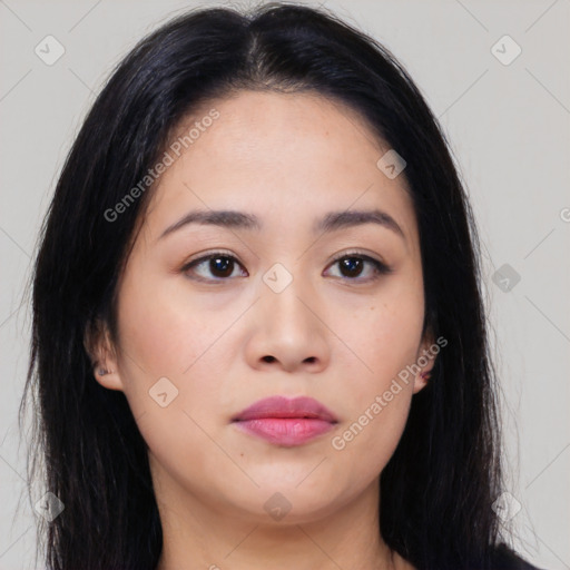 Neutral asian young-adult female with medium  black hair and brown eyes