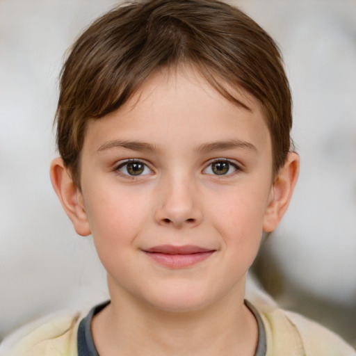 Joyful white child female with short  brown hair and brown eyes